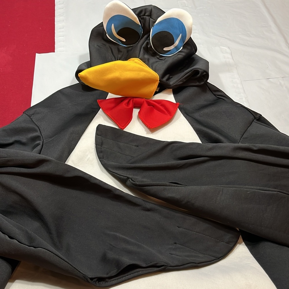 Black white PENGUIN costume ADULT ONE SIZE pullover long BODY SUIT hood face OS